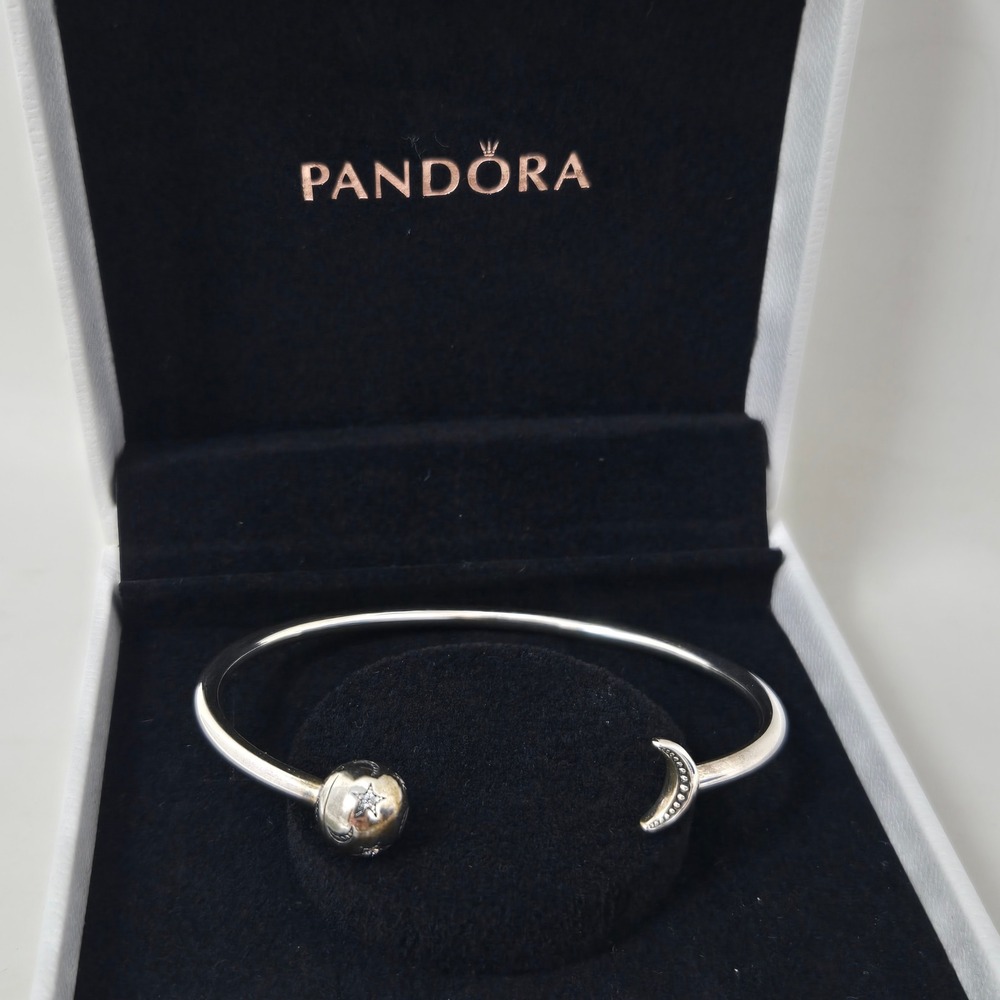 Pandora Celestial Stars and Moon Open Bangle 925 Sterling Silver Cuff Bracelet
